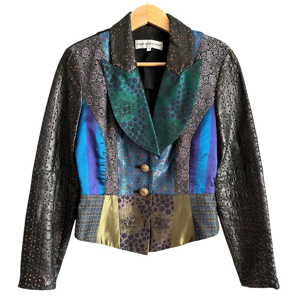 Vintage John Murrough leather mixed textile patchwork crop jacket SM 90s punk